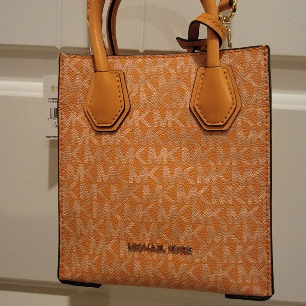Michael Kors XS Crossbody Bag MK Monogram Orange Leather Mini Tote NWT